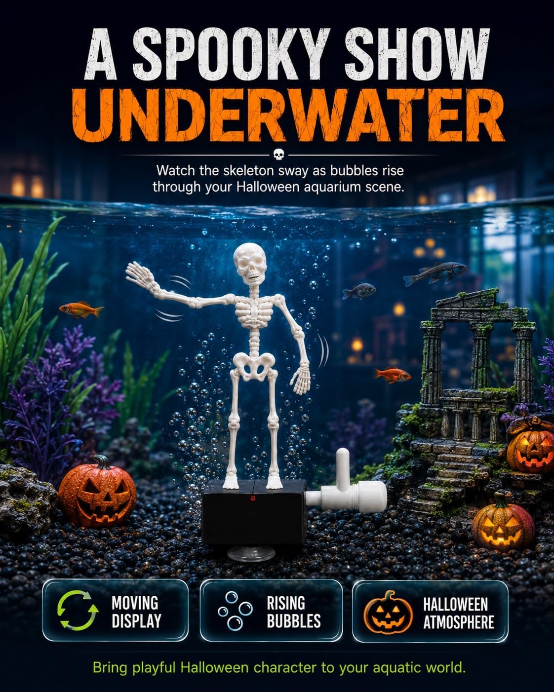 👻Make Your Aquarium Unique! Air Powered Dancing Skeleton Figurine Creates Funny Moving Scene Underwater with Bubble Aeration