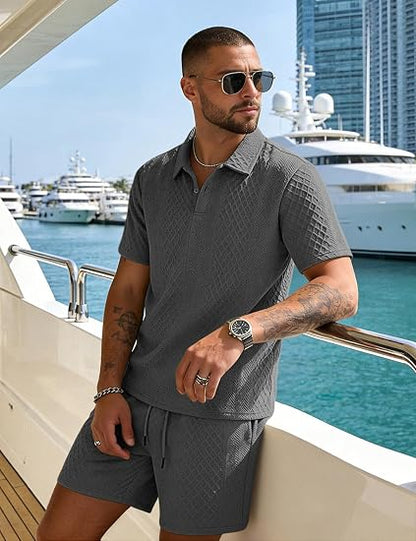 Men's 2 Pieces Outfits Casual Polo Shirt and Shorts Set Collar Athletic Jogging Summer Tracksuit