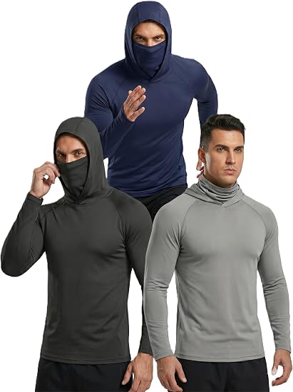 3 Pack Men's UPF 50+ Sun Protection Hoodie with Face Mask, Long Sleeve Quick Dry Fishing & Construction Work Shirts