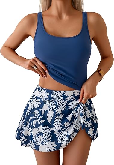 High-waisted tank-style swimsuit with a swim skirt