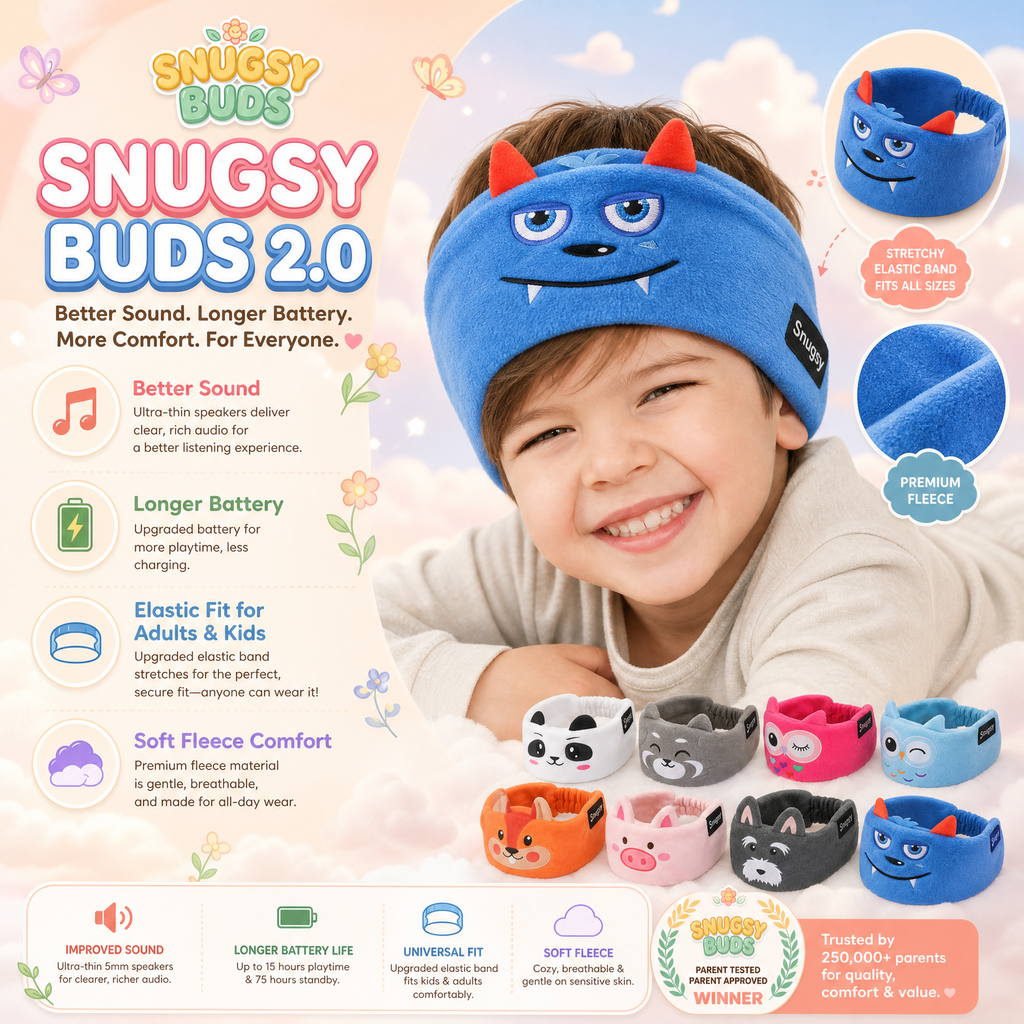 🐾Snugsy Buds 2.0 Kids Sleep Headband Headphones, Soft Fleece Cartoon Wireless Sleeping Earphones for Children &