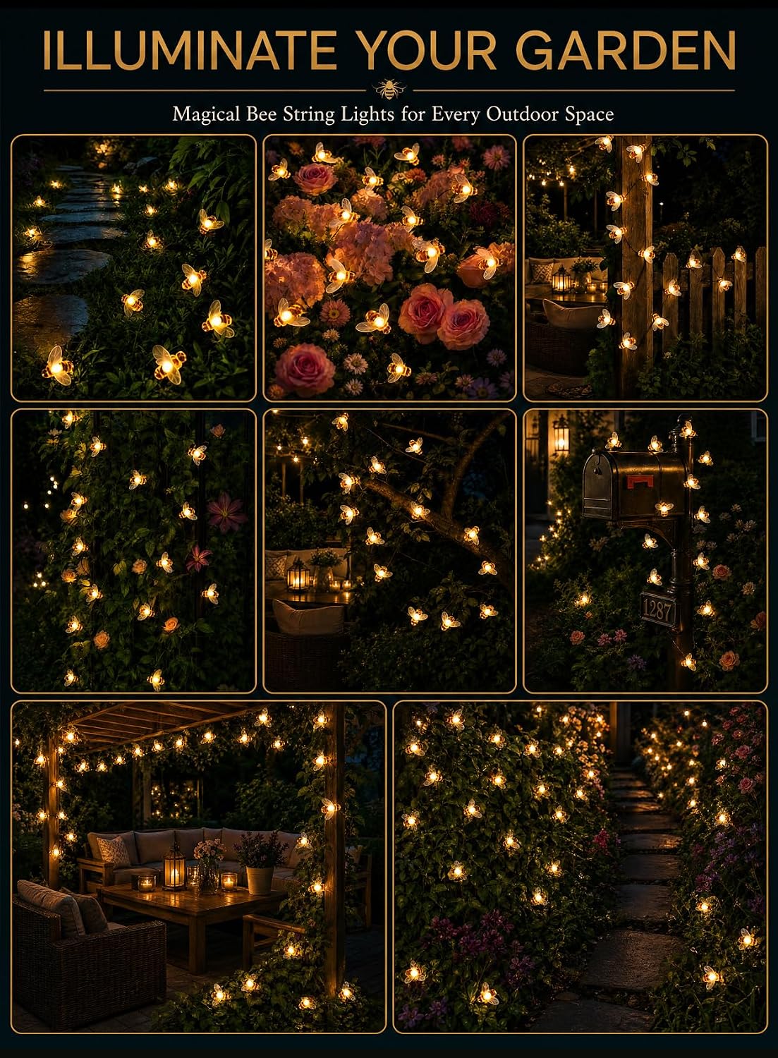 🐝Waterproof Solar Honey Bee LED Outdoor String Lights