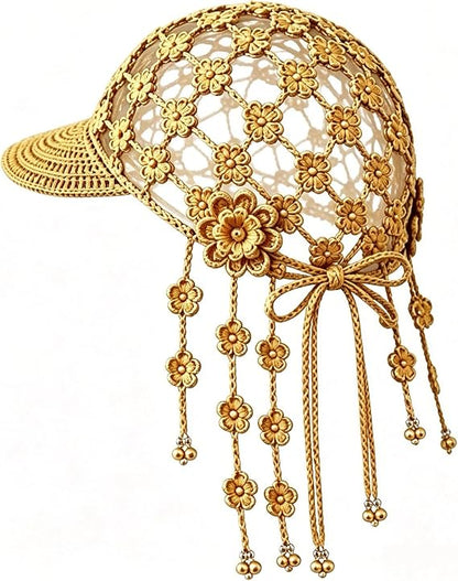 Hand‑Crocheted Sunflower Hollow Baseball Cap Bohemian Tassel Bell Hat