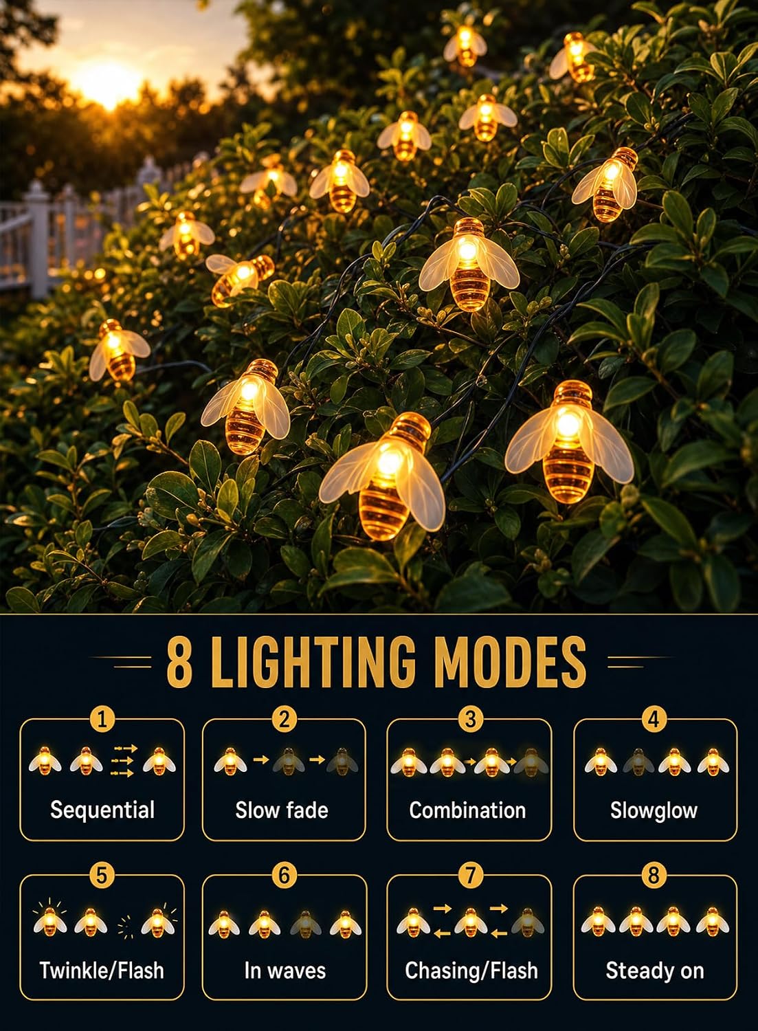 🐝Waterproof Solar Honey Bee LED Outdoor String Lights