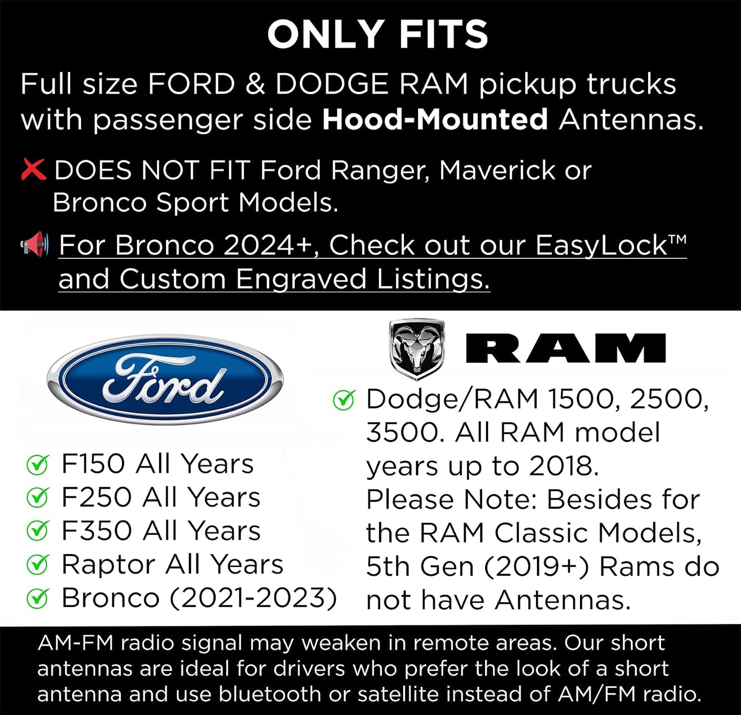 EcoAuto Bullet Antenna Replacement for Dodge Ram & Ford F150 F250 F350 Super Duty Ford Raptor Bronco Trucks - Anti-Theft Design - Radio Antenna for Truck 1990 - Current (Chrome)