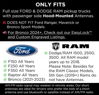 EcoAuto Bullet Antenna Replacement for Dodge Ram & Ford F150 F250 F350 Super Duty Ford Raptor Bronco Trucks - Anti-Theft Design - Radio Antenna for Truck 1990 - Current (Chrome)