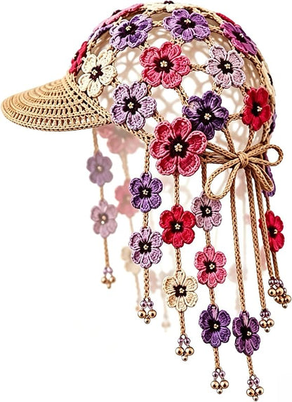 Hand‑Crocheted Sunflower Hollow Baseball Cap Bohemian Tassel Bell Hat