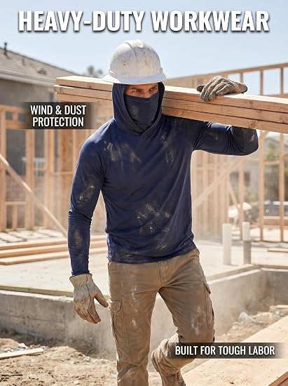 3 Pack Men's UPF 50+ Sun Protection Hoodie with Face Mask, Long Sleeve Quick Dry Fishing & Construction Work Shirts