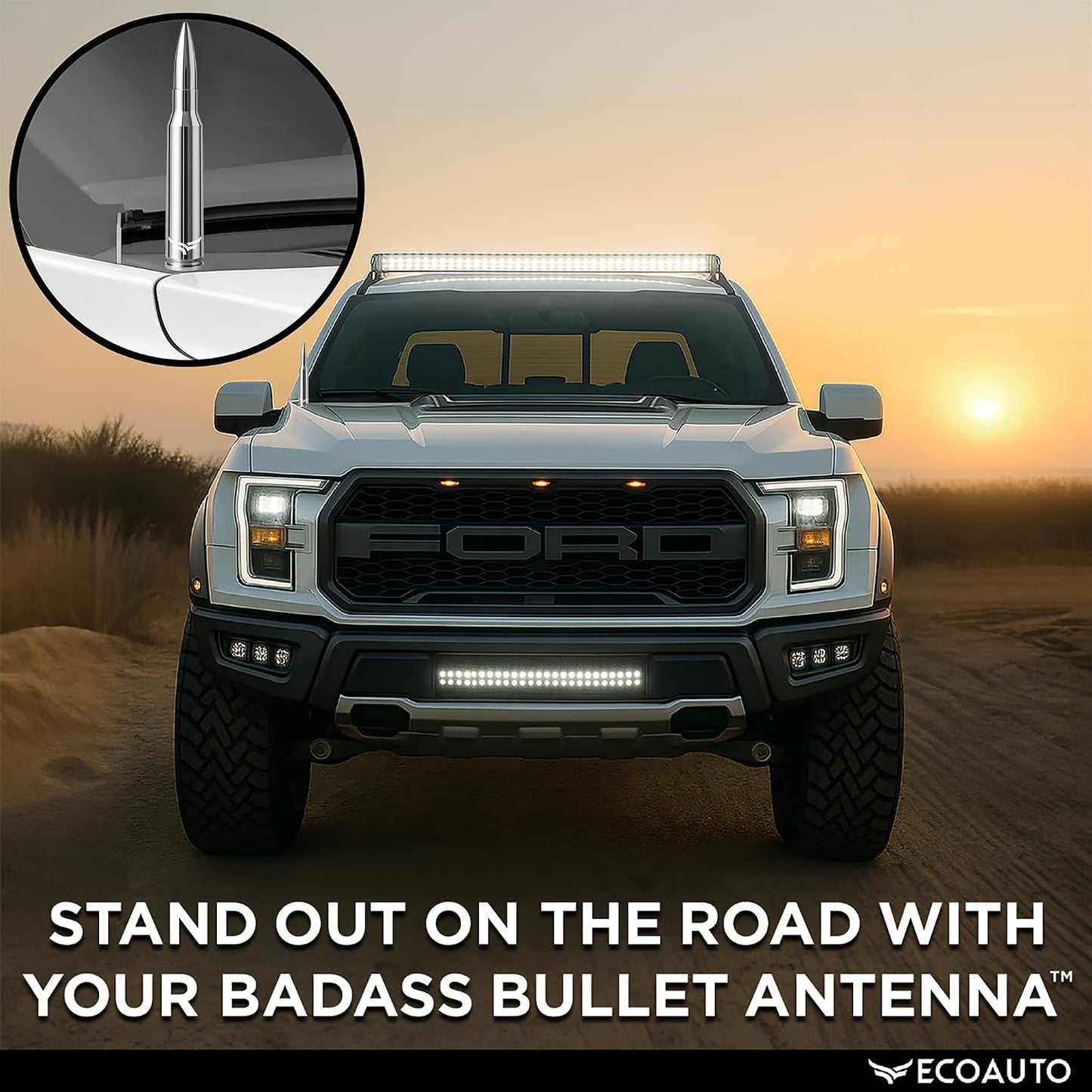 EcoAuto Bullet Antenna Replacement for Dodge Ram & Ford F150 F250 F350 Super Duty Ford Raptor Bronco Trucks - Anti-Theft Design - Radio Antenna for Truck 1990 - Current (Chrome)