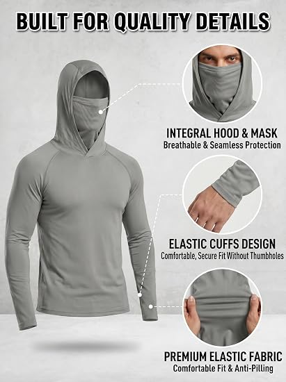 3 Pack Men's UPF 50+ Sun Protection Hoodie with Face Mask, Long Sleeve Quick Dry Fishing & Construction Work Shirts