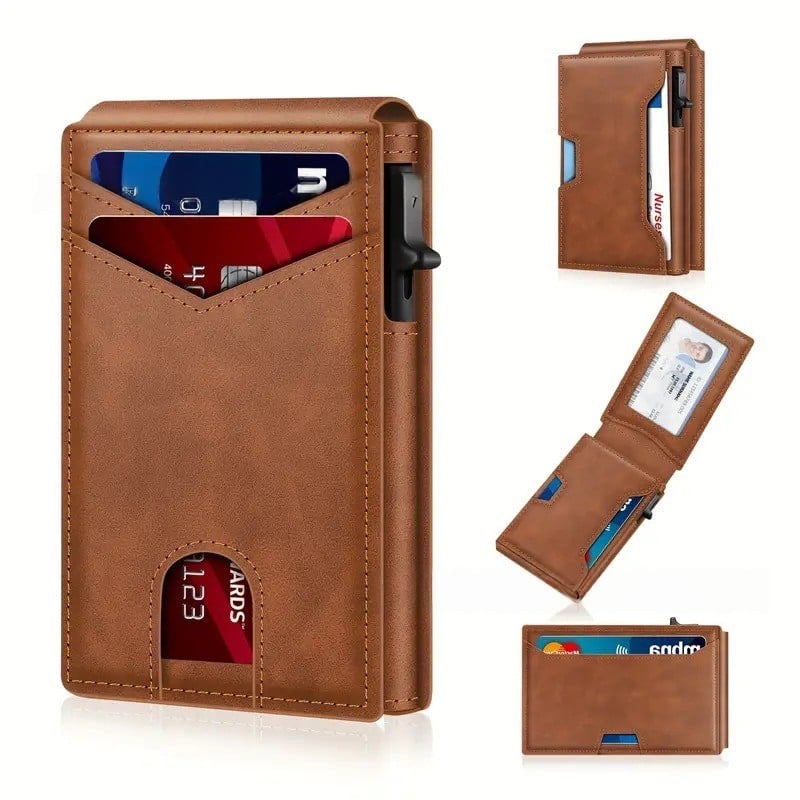 Last Day Sale Wallet - With Pop Up Aluminum Case Money Clip Slim Leather Slots Credit Card Holder RFID Blocking Bifold Minimalist Wallet