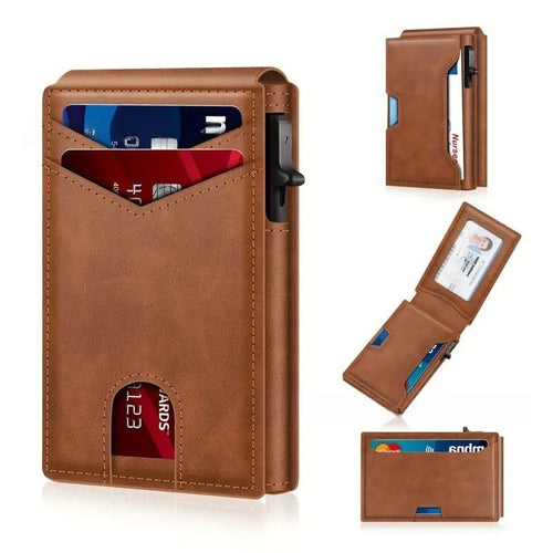 Last Day Sale Wallet - With Pop Up Aluminum Case Money Clip Slim Leather Slots Credit Card Holder RFID Blocking Bifold Minimalist Wallet