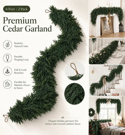 6 FT 2 PCS  Artificial Cedar Garlands, Real Touch Winter Cedar Garland🌲