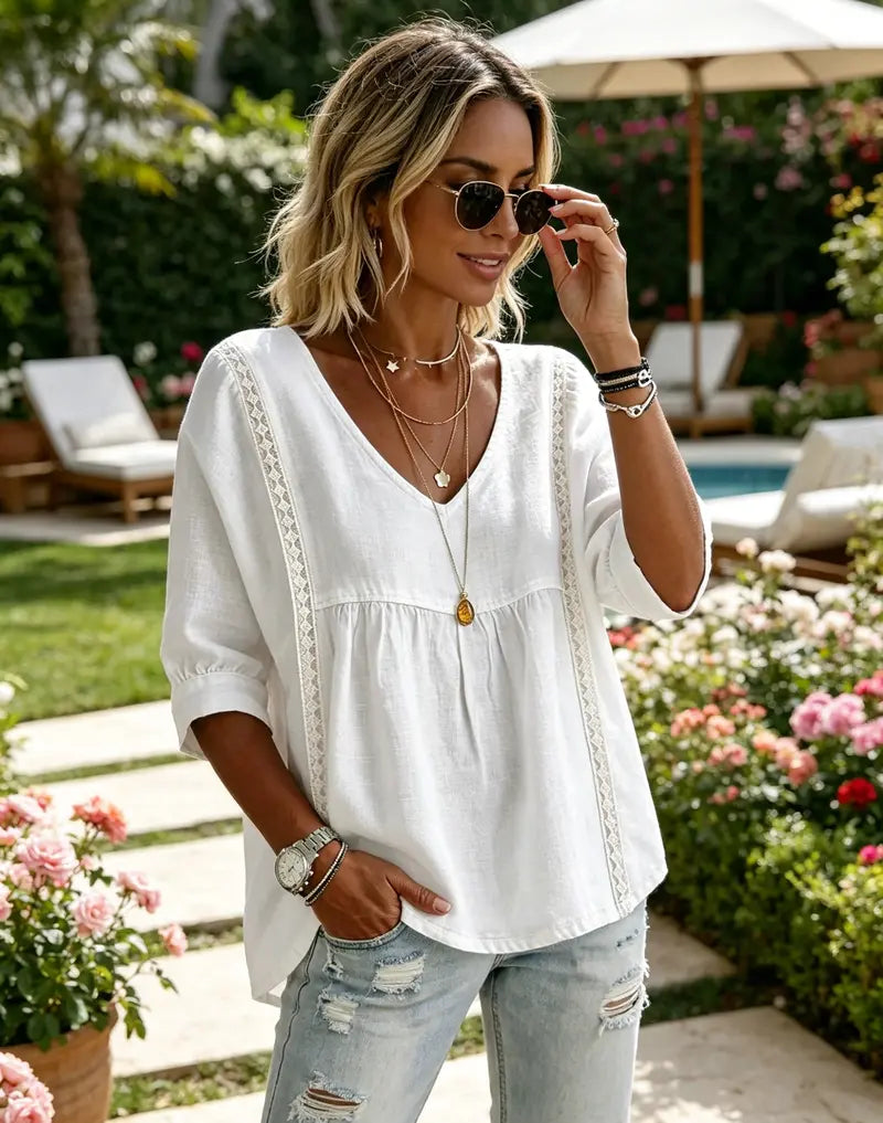 Women's Chic Loose-Fit V-Neck Lace Blouse