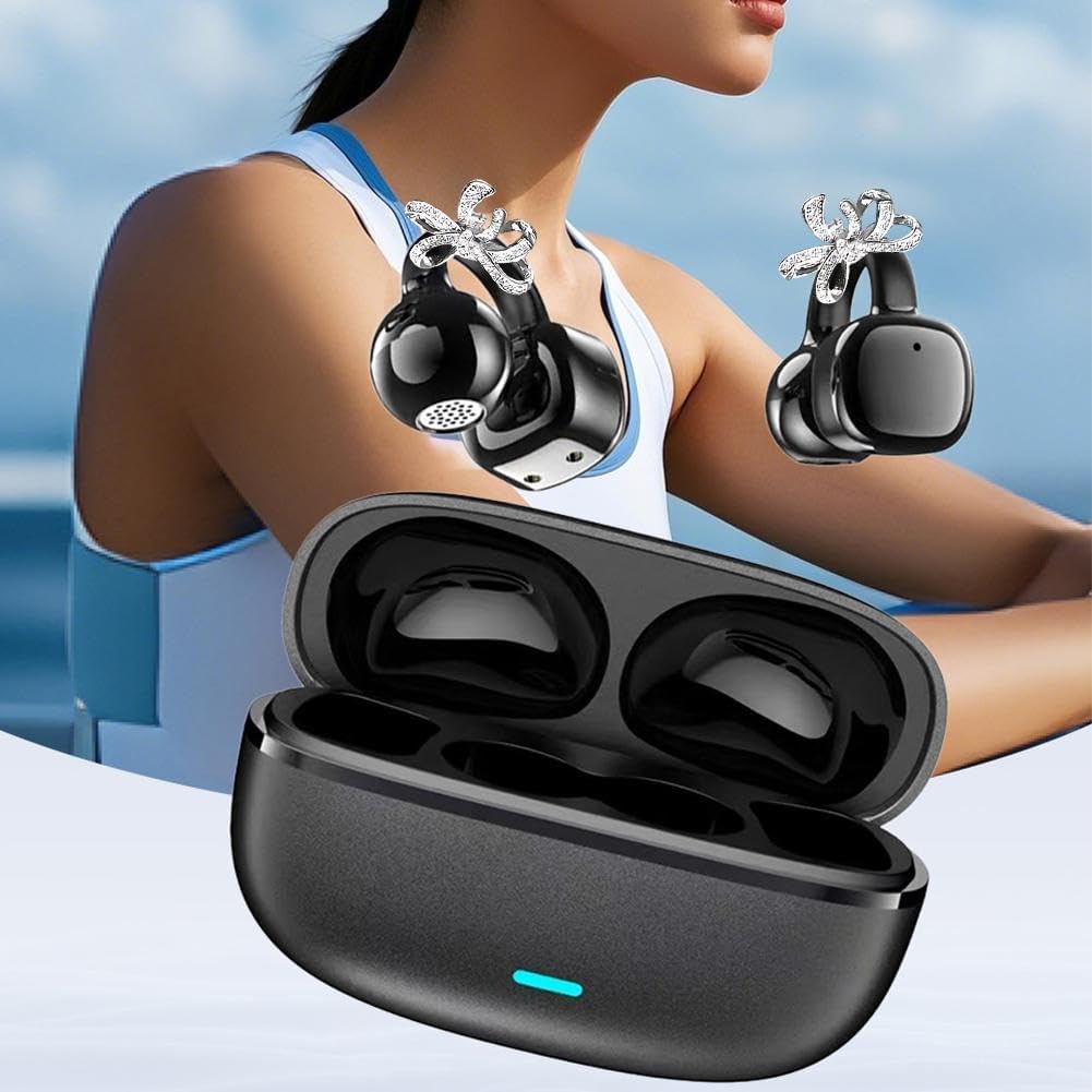 🎧2026 New Clip-On Open-Ear Headphones – Wireless Bluetooth Earbuds with AI Noise Cancelling, Rhinestone Decor & Water Resistant