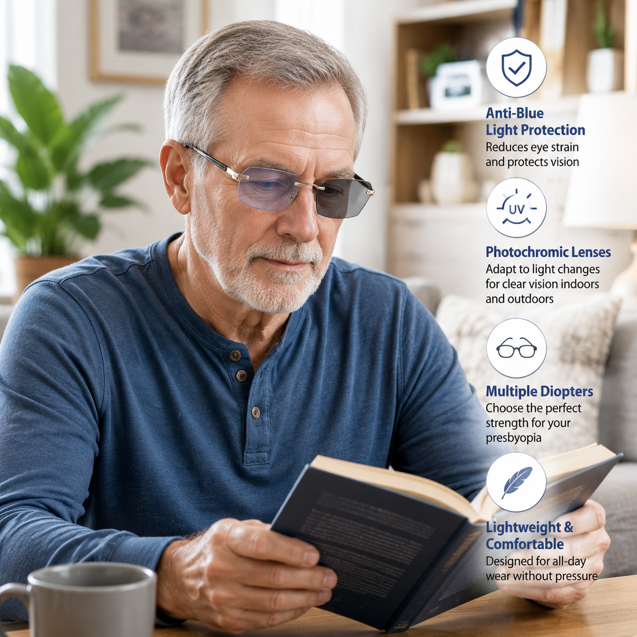 Photochromic Reading Glasses with Bluelight Blocking