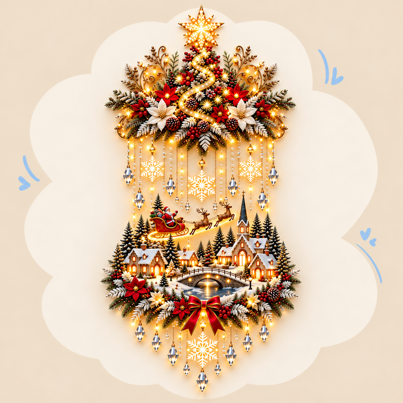 Lighted Christmas Tree and Village Wall Decoration