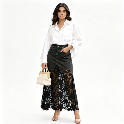 LONG DENIM SKIRT WITH LACE INSERT