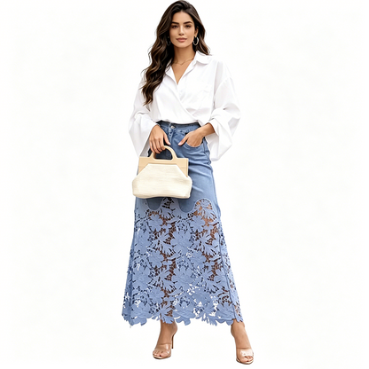 LONG DENIM SKIRT WITH LACE INSERT