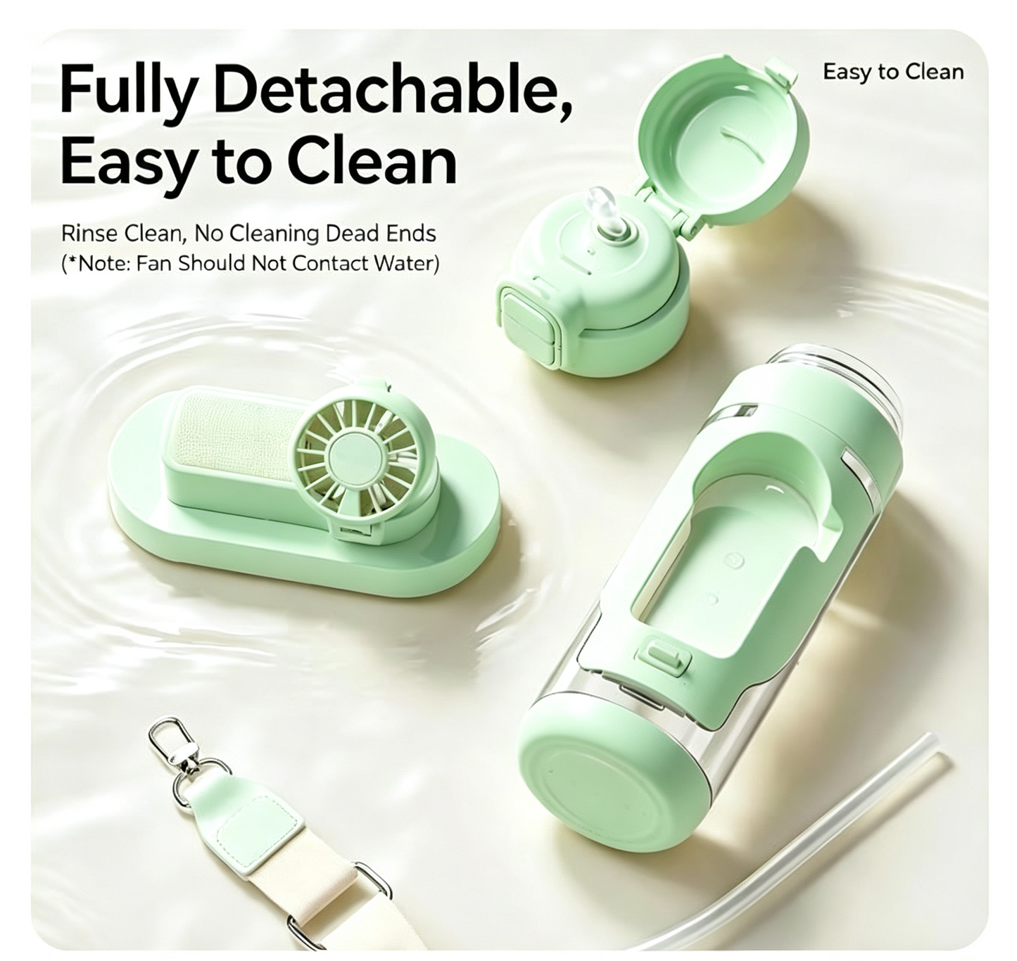 2-in-1 Water Bottle with Built-in Foldable Fan, Portable Fan Water Bottle, Dual Drink Flip Top Lid Portable Aquatic Cup with Lanyard for Summer Outdoor Activities (Mint Green)