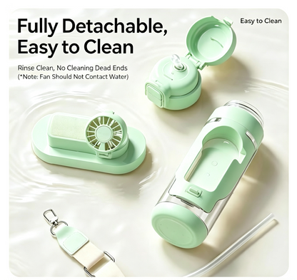 2-in-1 Water Bottle with Built-in Foldable Fan, Portable Fan Water Bottle, Dual Drink Flip Top Lid Portable Aquatic Cup with Lanyard for Summer Outdoor Activities (Mint Green)