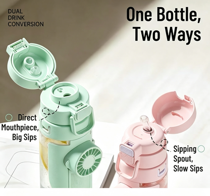 2-in-1 Water Bottle with Built-in Foldable Fan, Portable Fan Water Bottle, Dual Drink Flip Top Lid Portable Aquatic Cup with Lanyard for Summer Outdoor Activities (Mint Green)
