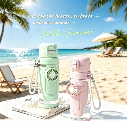 2-in-1 Water Bottle with Built-in Foldable Fan, Portable Fan Water Bottle, Dual Drink Flip Top Lid Portable Aquatic Cup with Lanyard for Summer Outdoor Activities (Mint Green)