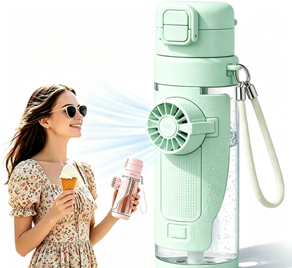 2-in-1 Water Bottle with Built-in Foldable Fan, Portable Fan Water Bottle, Dual Drink Flip Top Lid Portable Aquatic Cup with Lanyard for Summer Outdoor Activities (Mint Green)