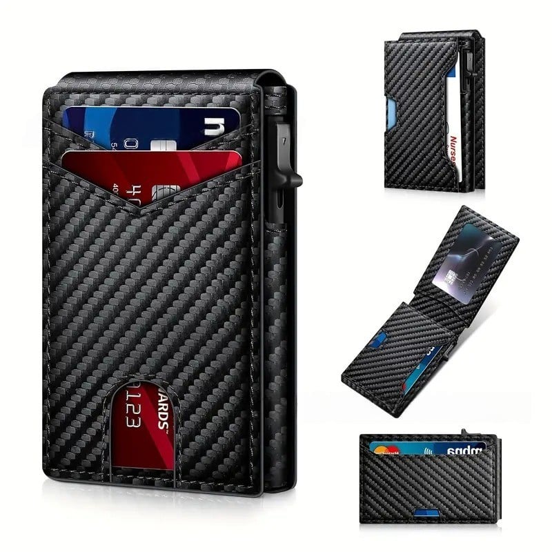 Last Day Sale Wallet - With Pop Up Aluminum Case Money Clip Slim Leather Slots Credit Card Holder RFID Blocking Bifold Minimalist Wallet