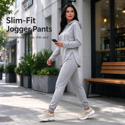 Women's Solid Basic 2-Piece Outfit, Drawstring Hooded Long Sleeve Top & Slim Fit Casual Pants 🧶