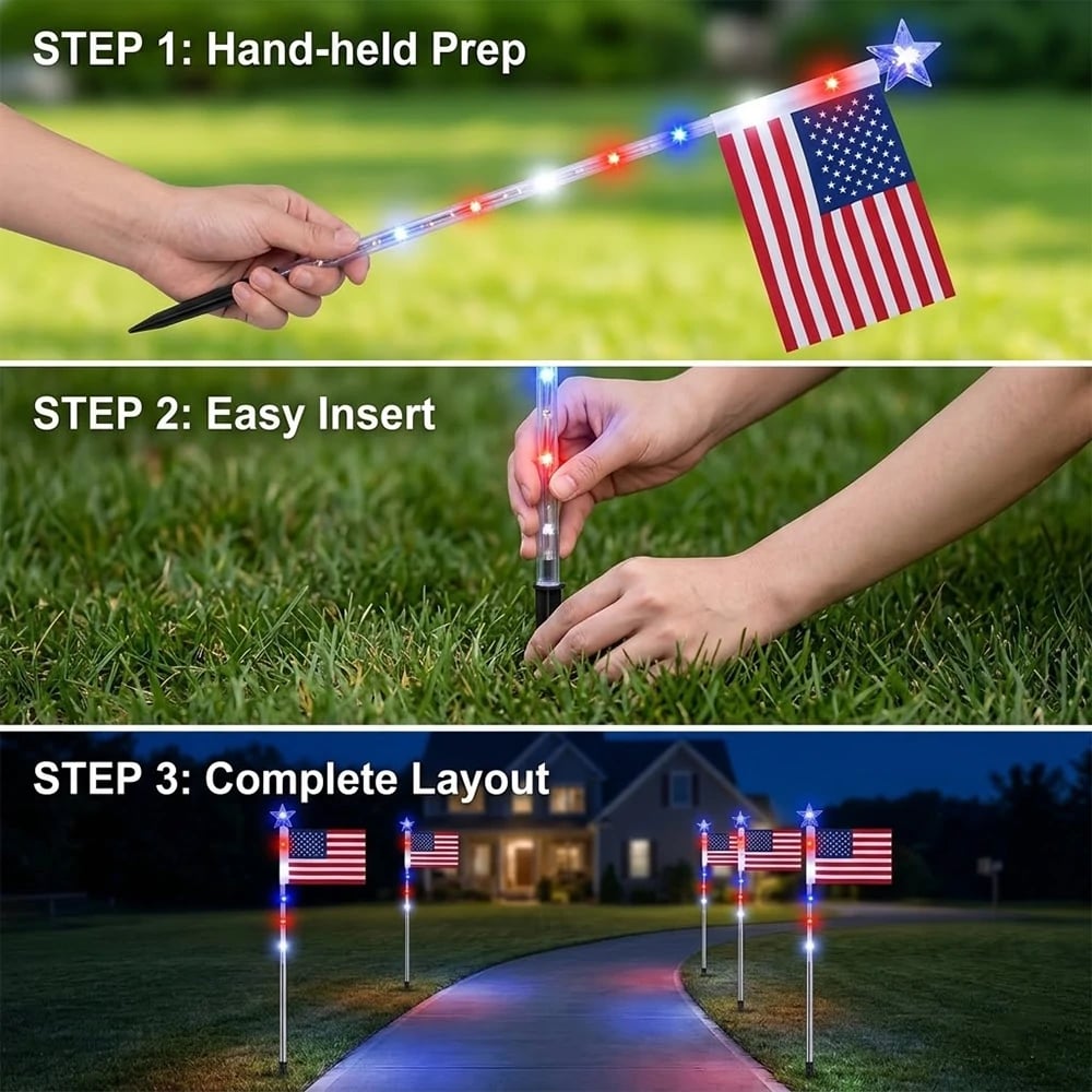 ✨Last Day: 49% OFF🔥8 Solar American Flag Pathway Lights – Red, White & Blue Yard Glow for 250th Independence Celebration 🇺🇸