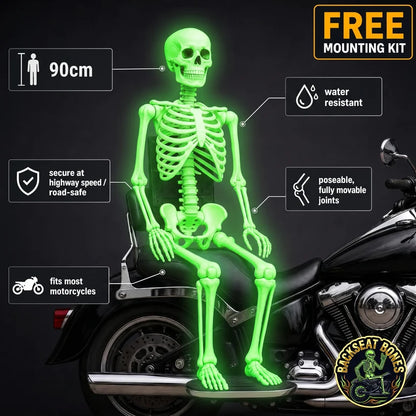 Backseat Bones Glow‑in‑the‑Dark Skeleton, Movable Joints Motorcycle Decor
