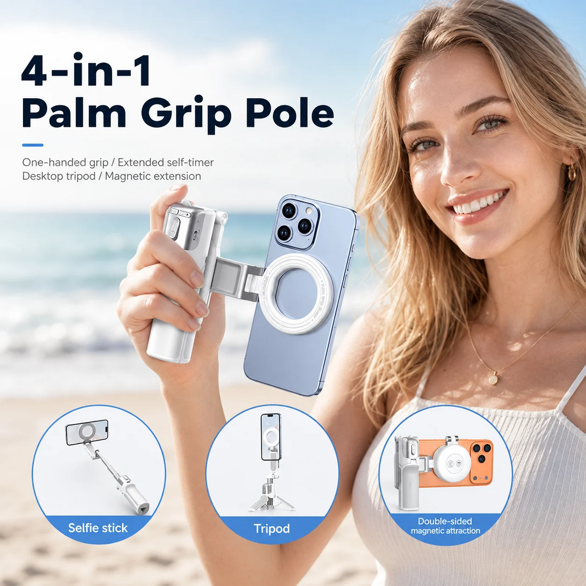 📸 Zoomable Magnetic Palm Grip | Selfie Stick & Tripod