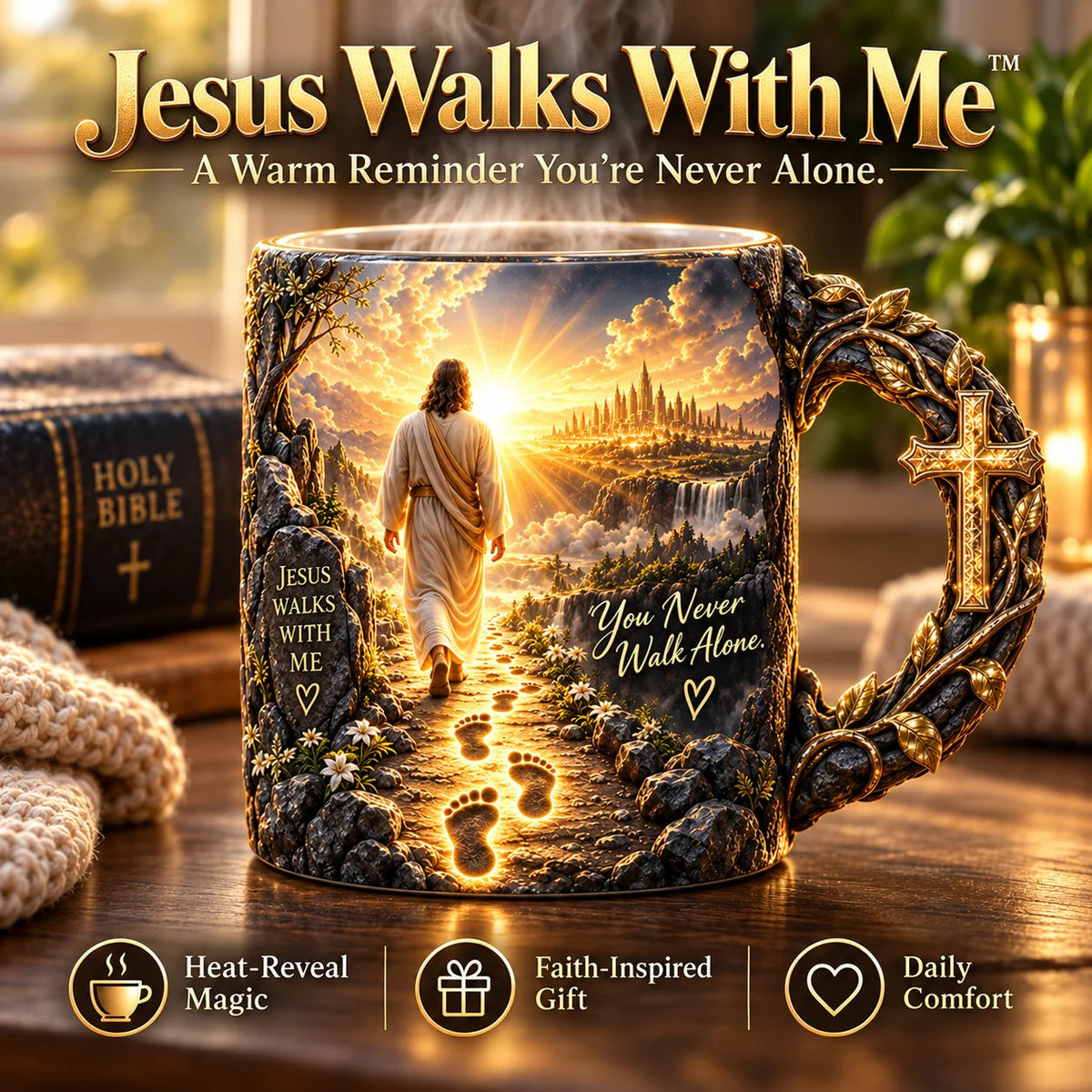 🔥Last Day 49% OFF♥✝️ Jesus Walks With Me – Heat-Reveal Faith Mug | You Are Never Alone